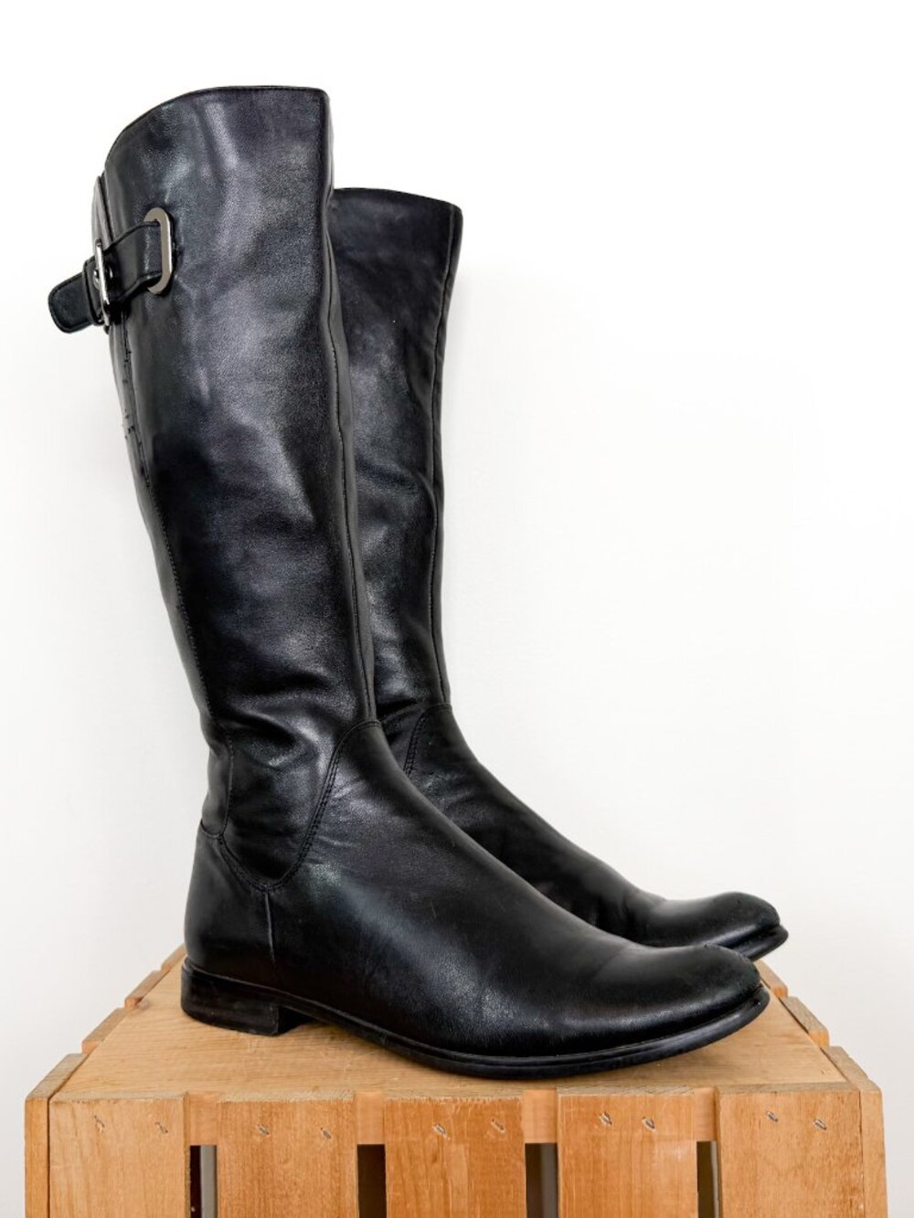 Strimma Tall Knee High Black Leather Mod Euro Moto Boots Size 37 US Womens 7